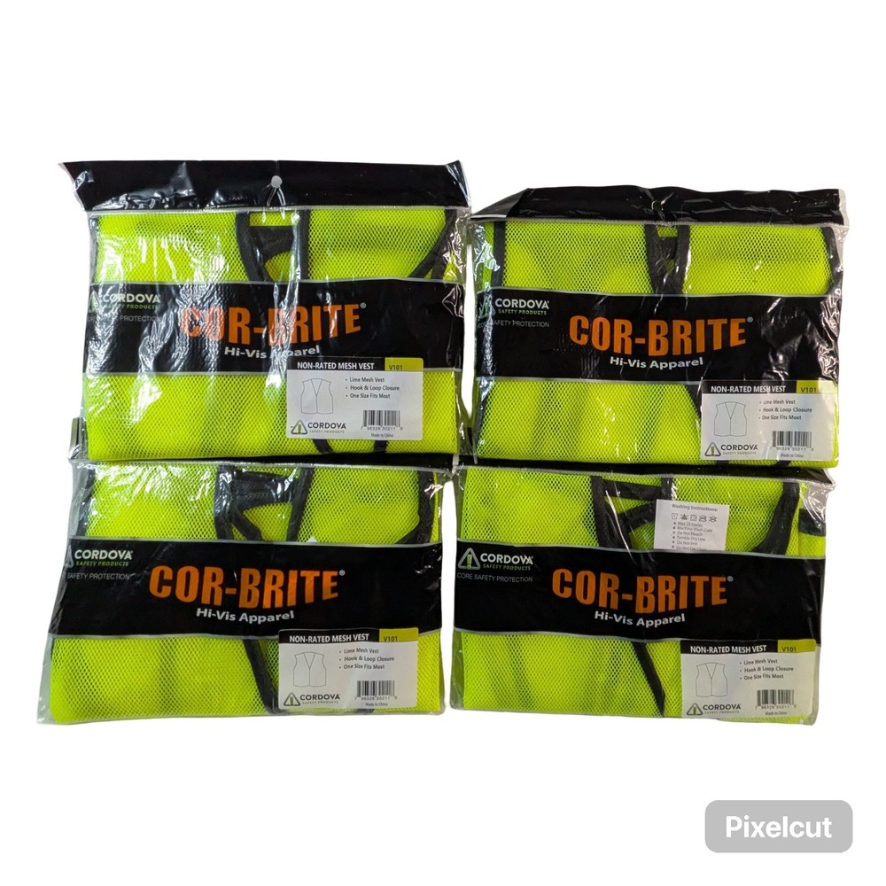 Lot 4x Cordova Cor-Brite Hi-Vis Lime Mesh Safety Vest V101 One Size